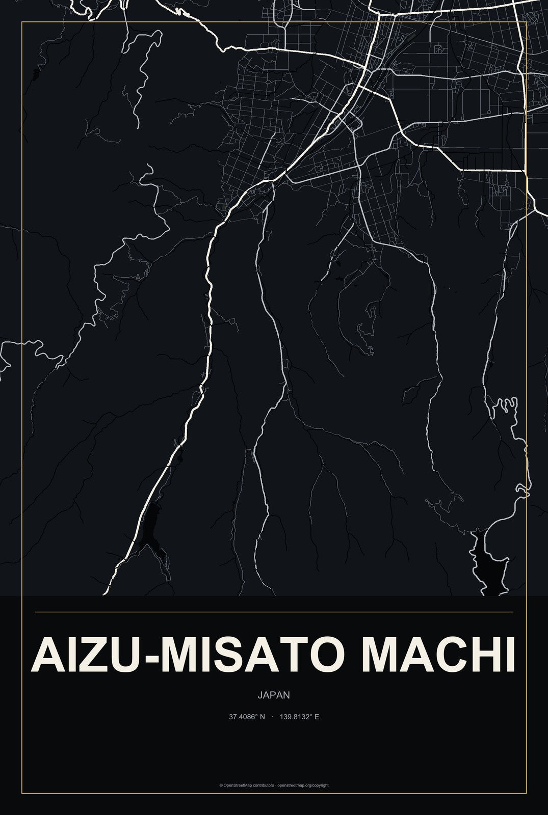 Aizu-misato Machi, Japan City Map Aluminum Sign in Metropolitan Noir style