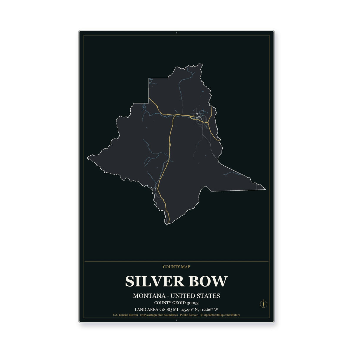 Silver Bow County, Montana Map Aluminum Sign in Metropolitan Noir style