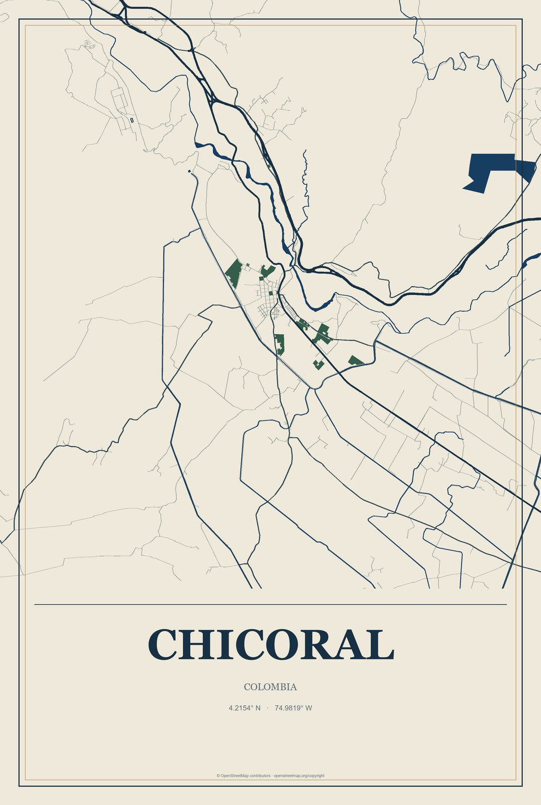 Chicoral, Colombia City Map Aluminum Sign in Coastal Cutout style