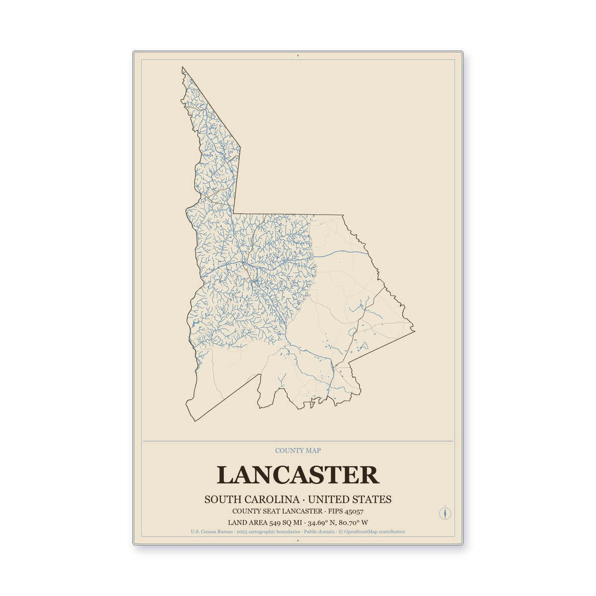 Lancaster County, South Carolina Map Aluminum Sign in Heritage Nautical style