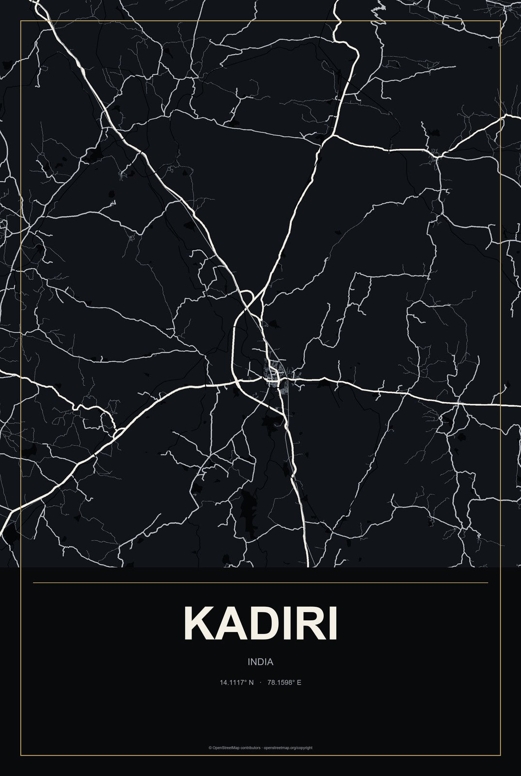 Kadiri, India City Map Aluminum Sign in Metropolitan Noir style