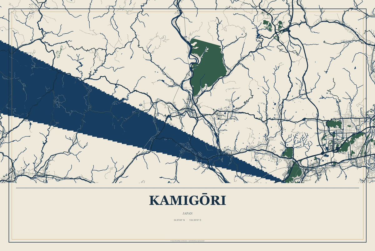 Kamigōri, Japan City Map Aluminum Sign in Coastal Cutout style