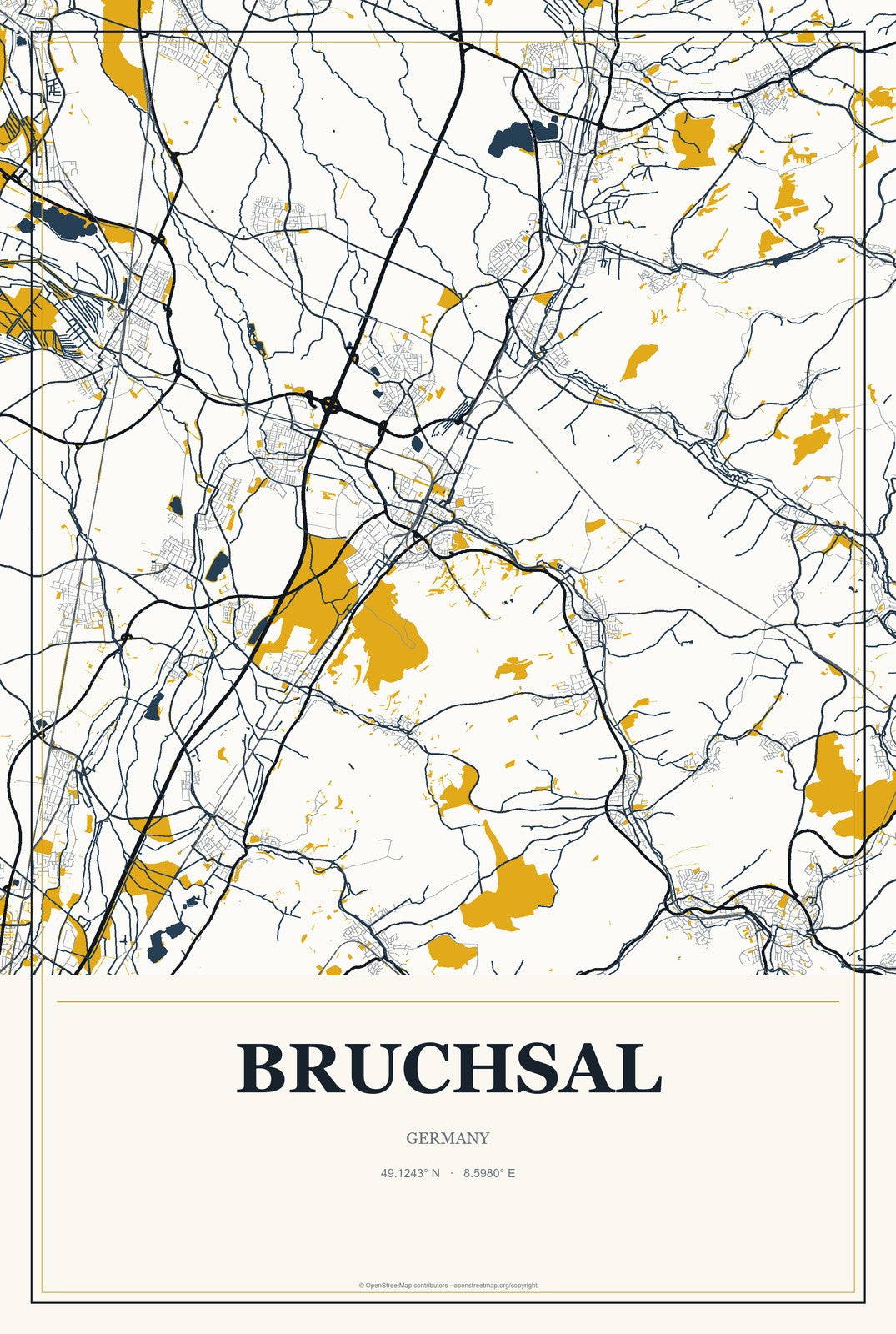 Bruchsal, Germany City Map Aluminum Sign in Citrine Modern style