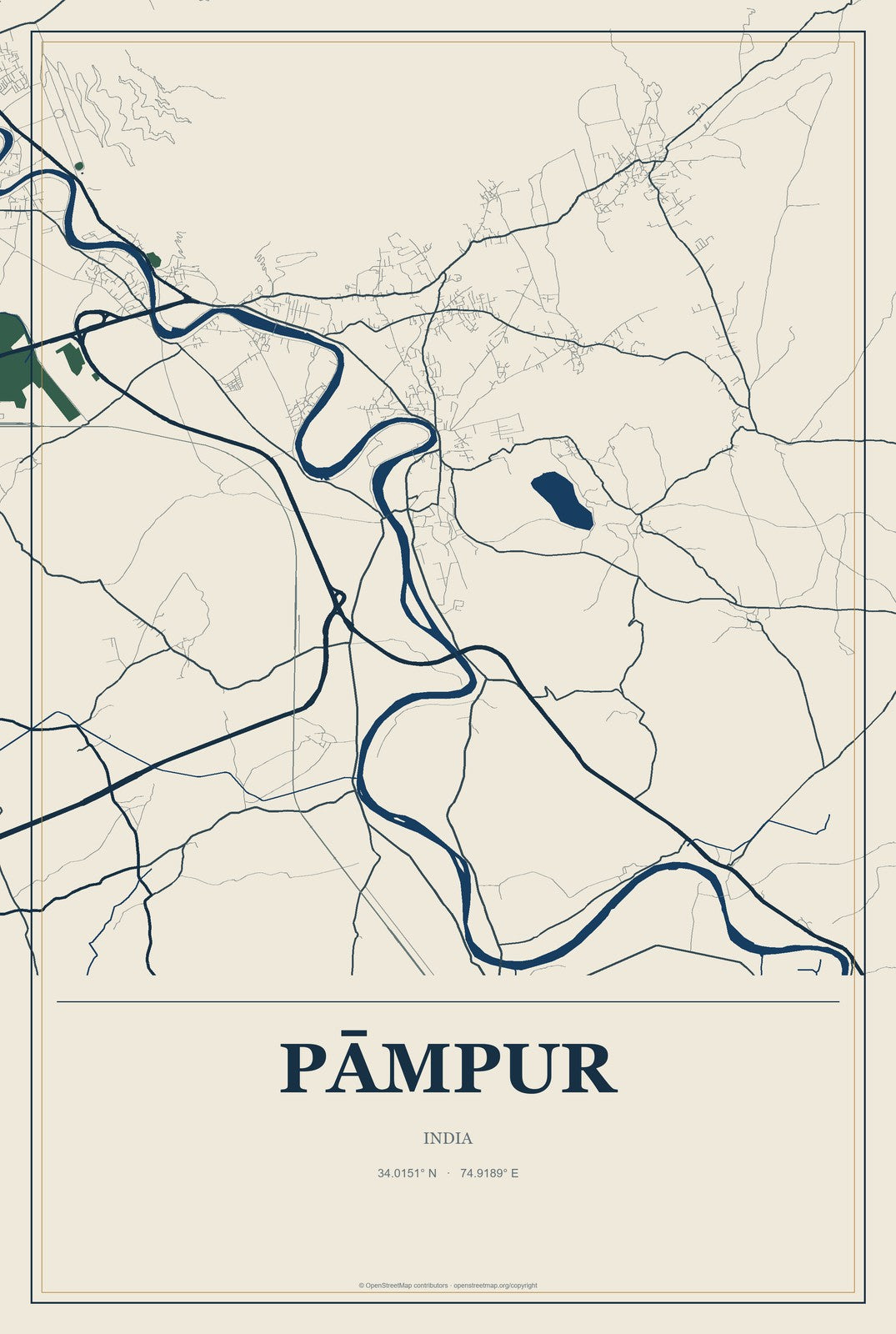 Pāmpur, India City Map Aluminum Sign in Coastal Cutout style