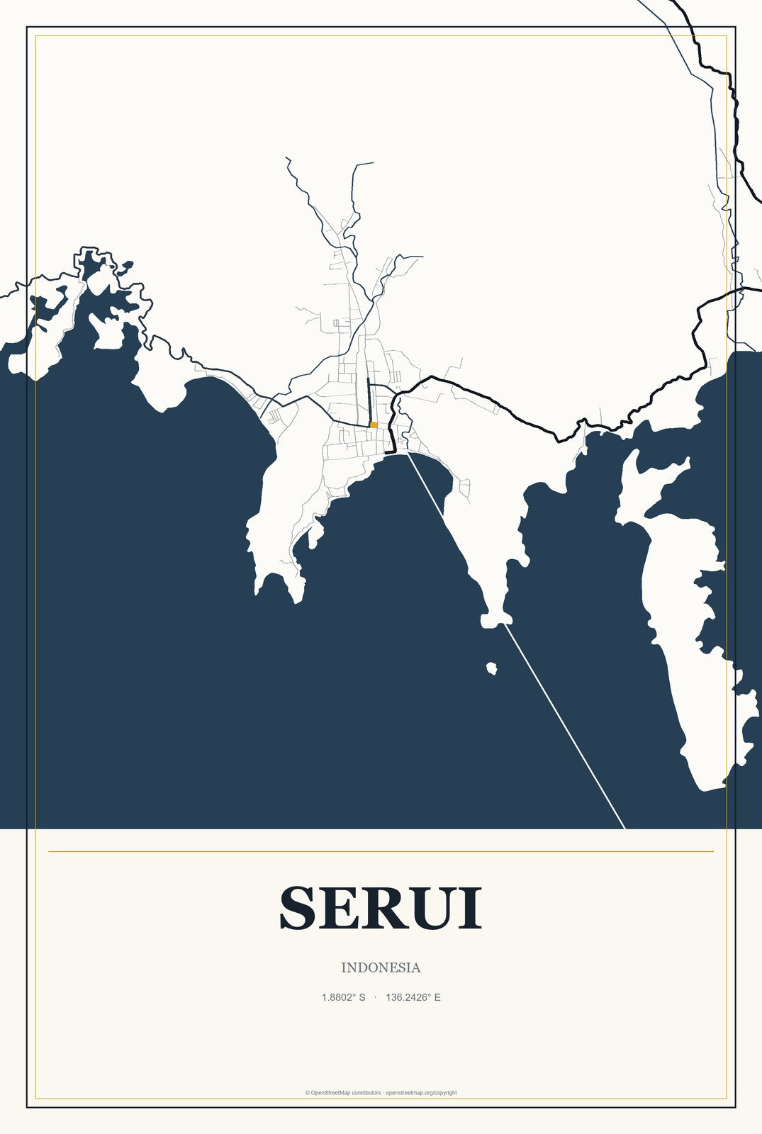 Serui, Indonesia City Map Aluminum Sign in Citrine Modern style