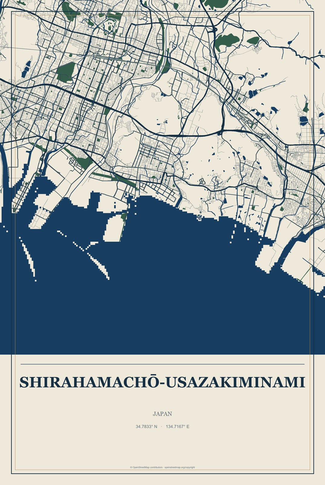 Shirahamachō-usazakiminami, Japan City Map Aluminum Sign in Coastal Cutout style