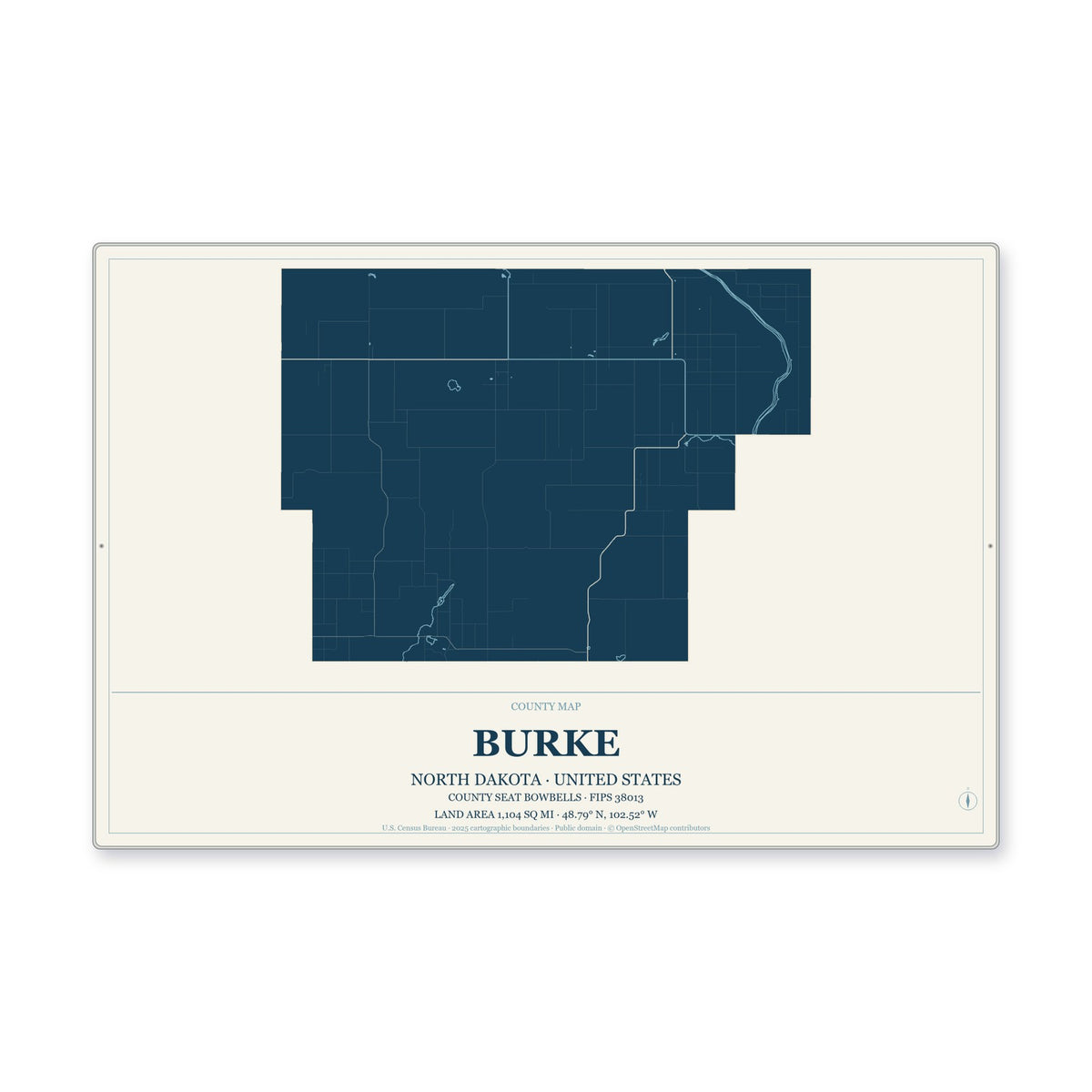 Burke County, North Dakota Map Aluminum Sign in Coastal Cutout style