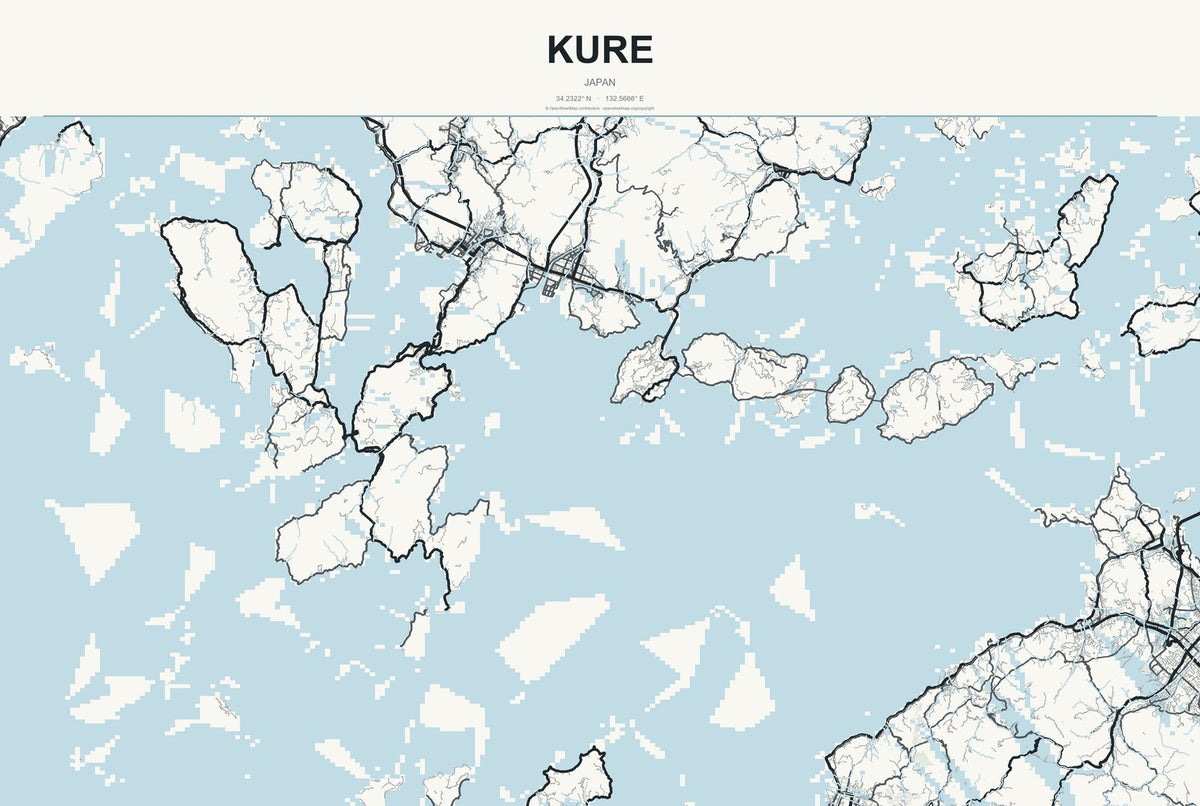 Kure, Japan City Map Aluminum Sign in Headline Atlas style