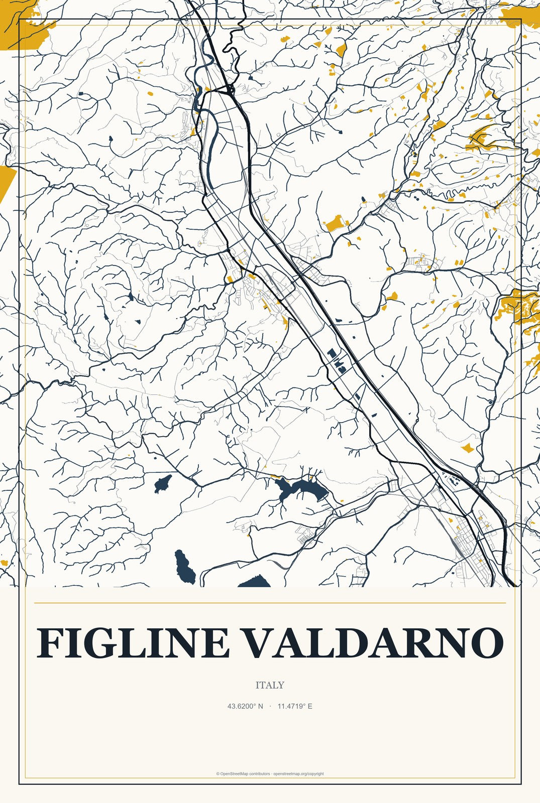 Figline Valdarno, Italy City Map Aluminum Sign in Citrine Modern style