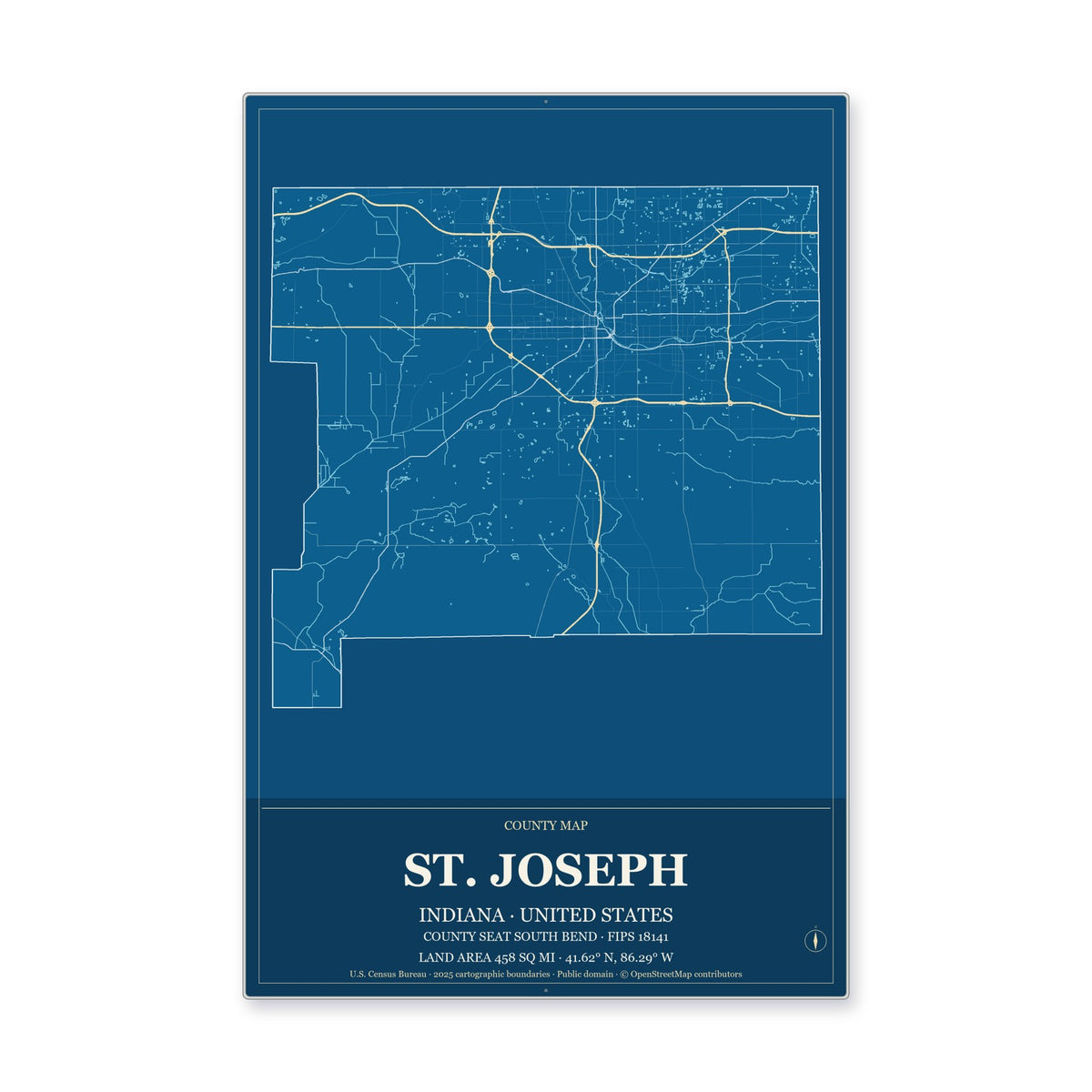 St. Joseph County, Indiana Map Aluminum Sign in Harbor Cobalt style