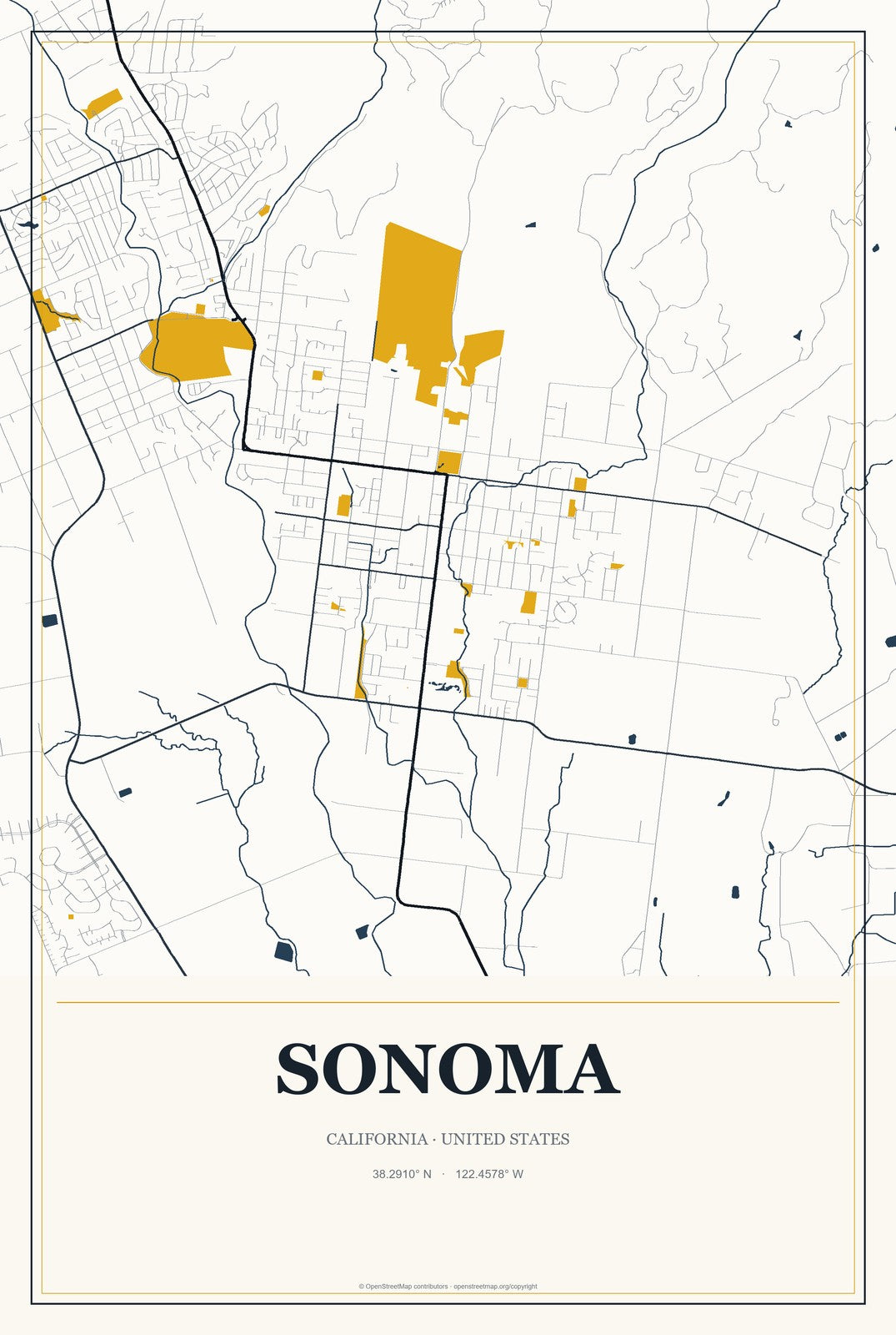 Sonoma, California City Map Aluminum Sign in Citrine Modern style
