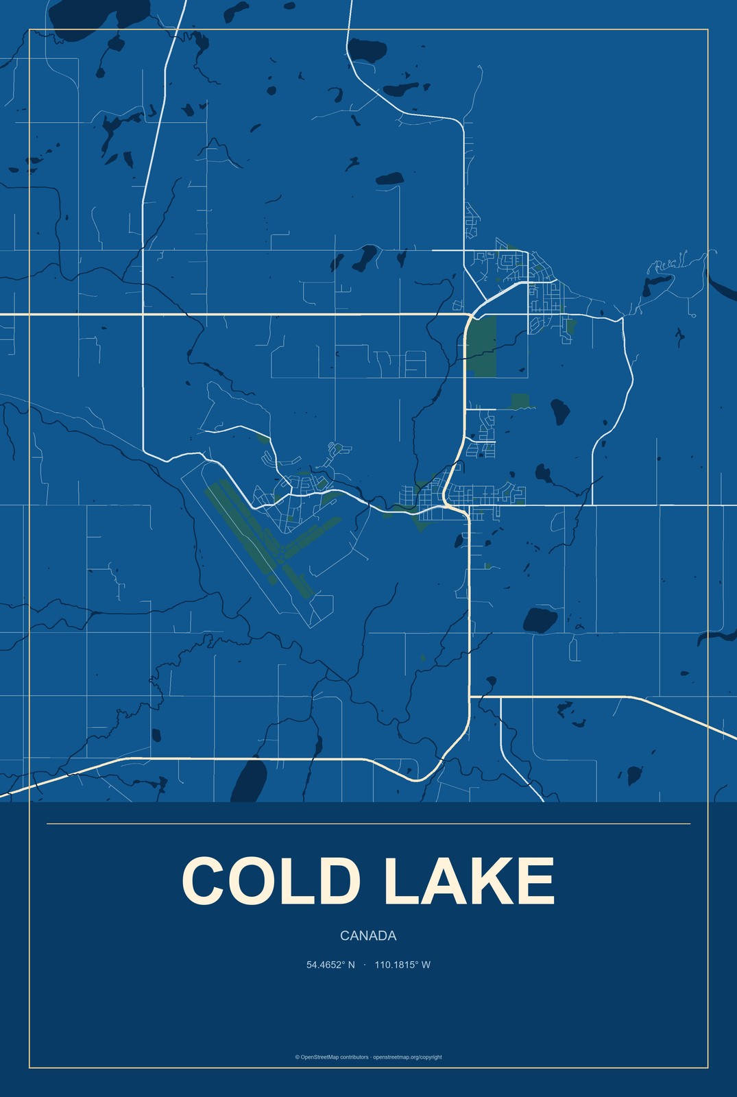 Cold Lake, Canada City Map Aluminum Sign in Harbor Cobalt style