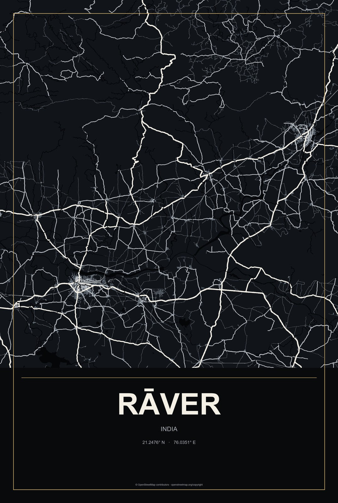Rāver, India City Map Aluminum Sign in Metropolitan Noir style