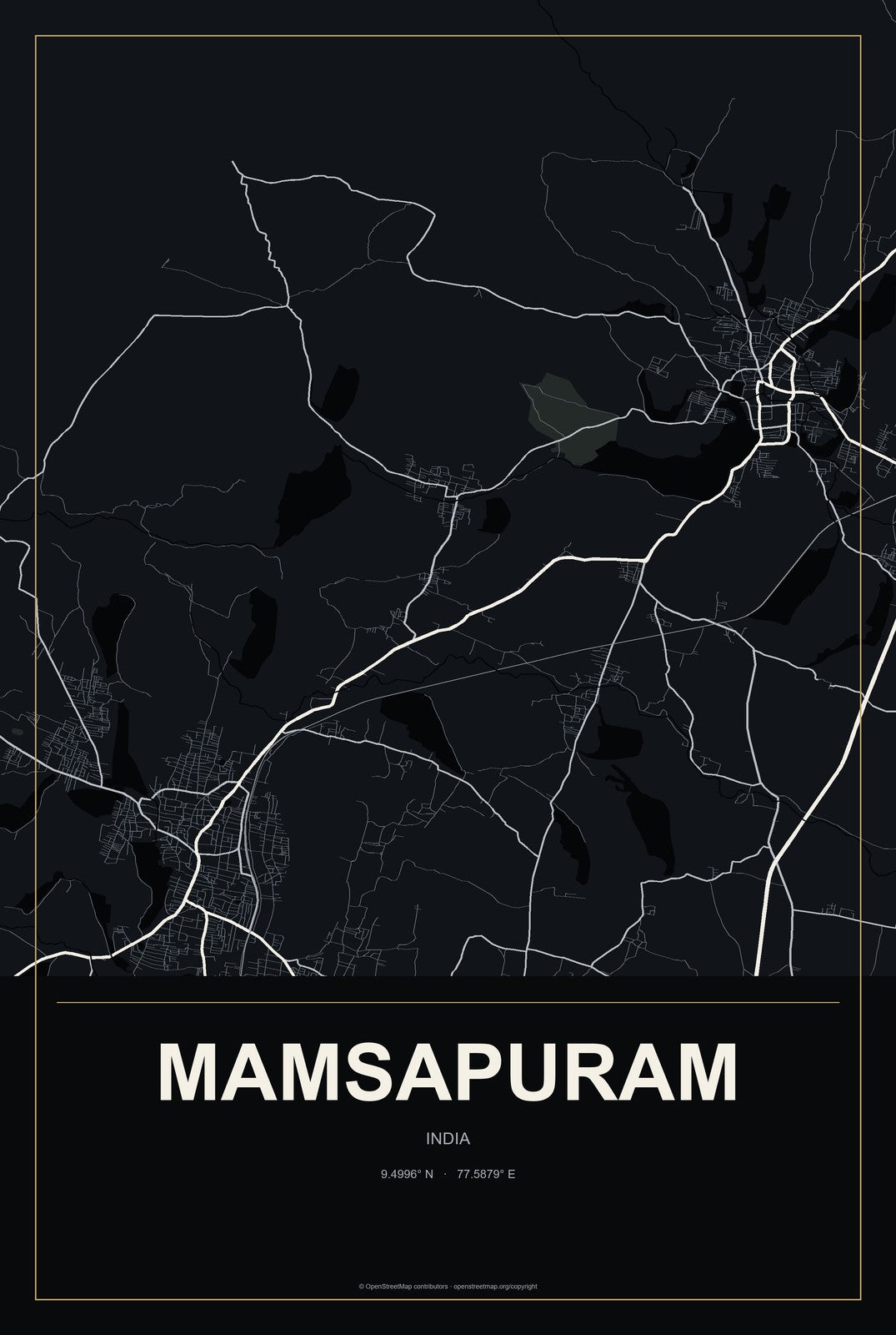 Mamsapuram, India City Map Aluminum Sign in Metropolitan Noir style