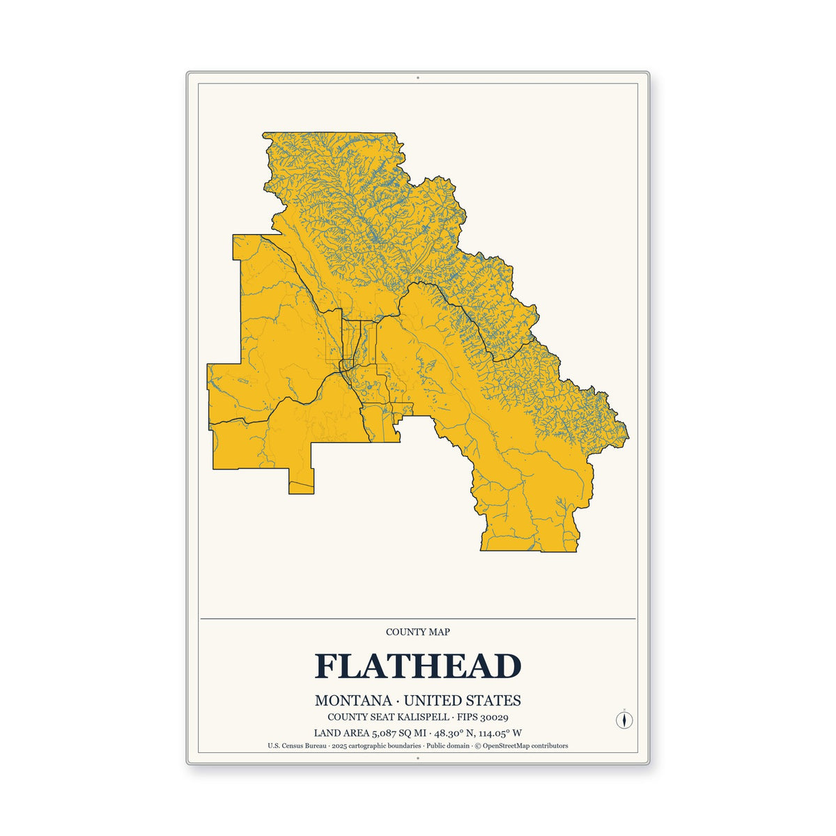 Flathead County, Montana Map Aluminum Sign in Citrine Modern style
