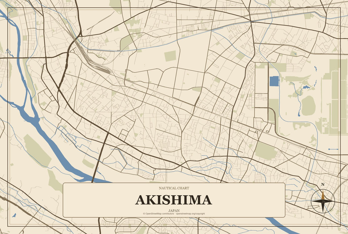 Akishima, Japan City Map Aluminum Sign in Heritage Nautical style