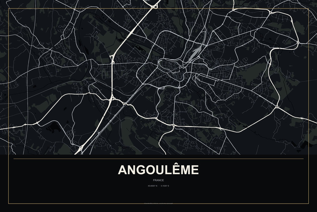 Angoulême, France City Map Aluminum Sign in Metropolitan Noir style