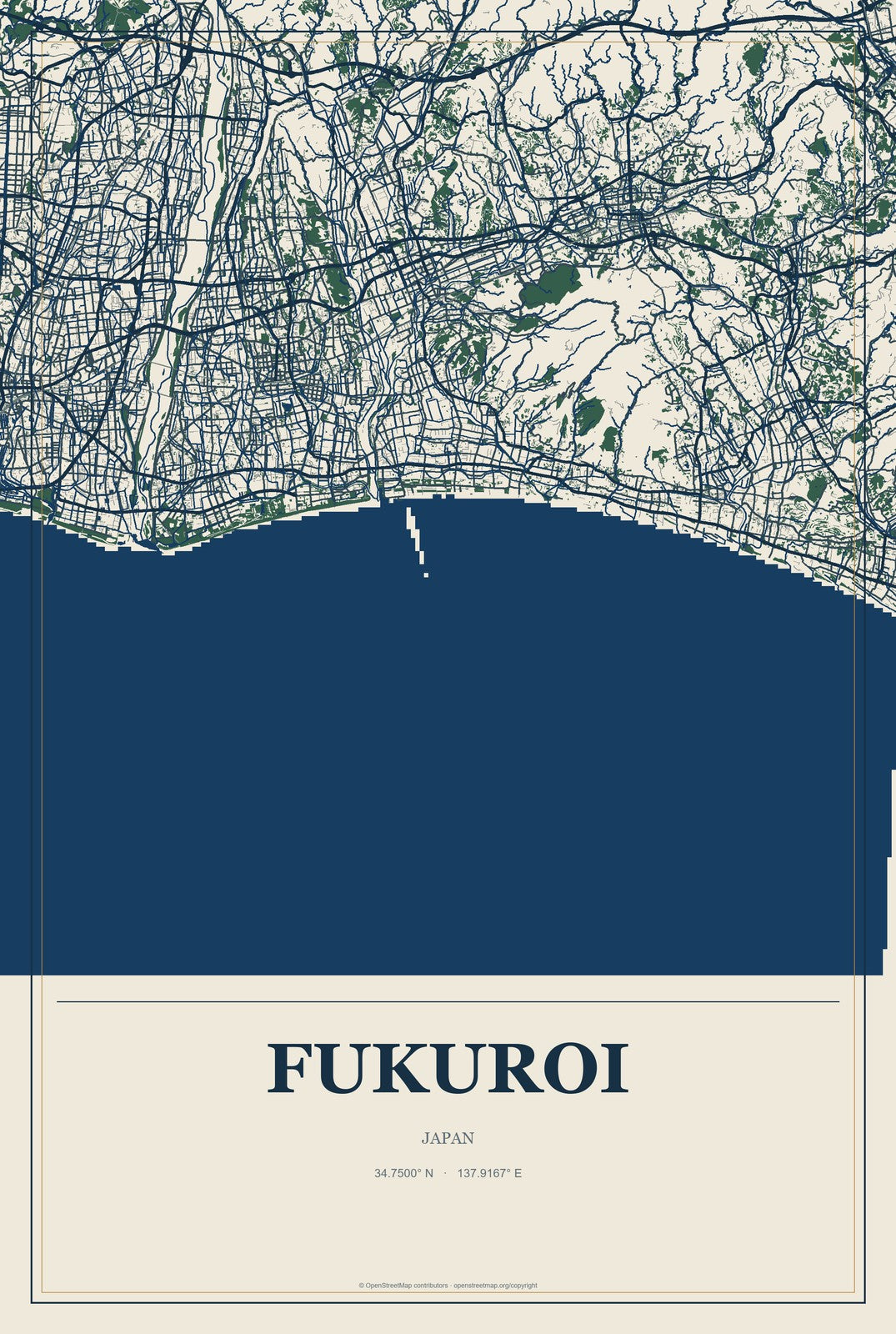Fukuroi, Japan City Map Aluminum Sign in Coastal Cutout style
