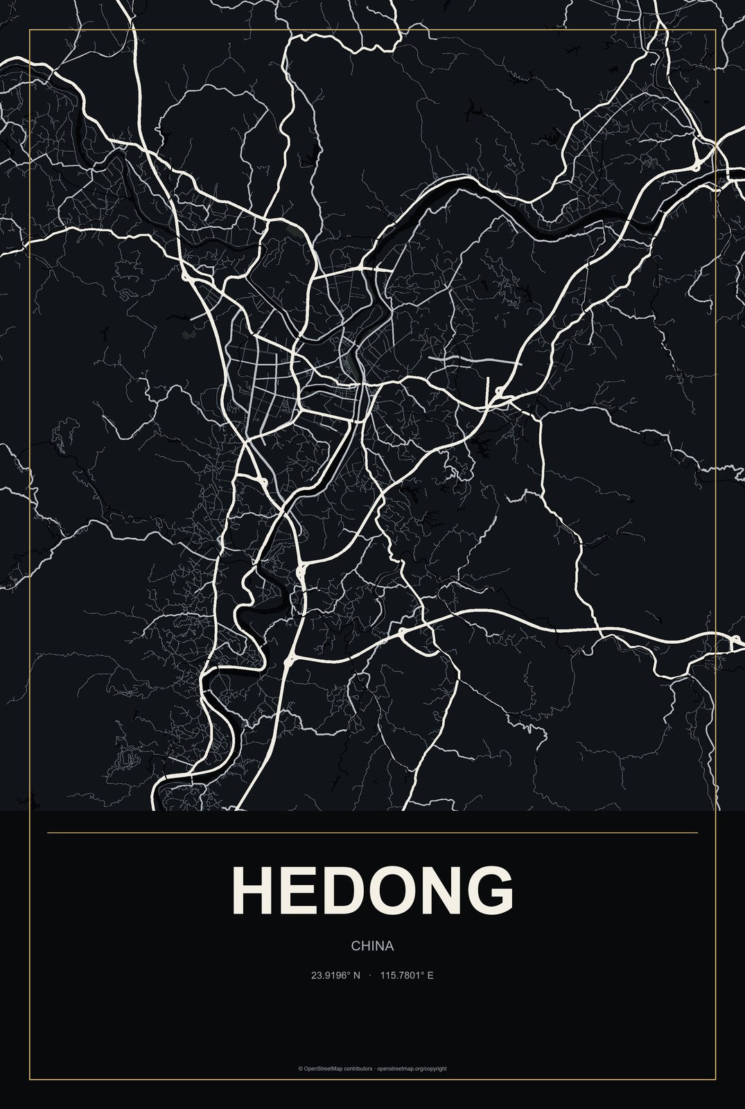 Hedong, China City Map Aluminum Sign in Metropolitan Noir style