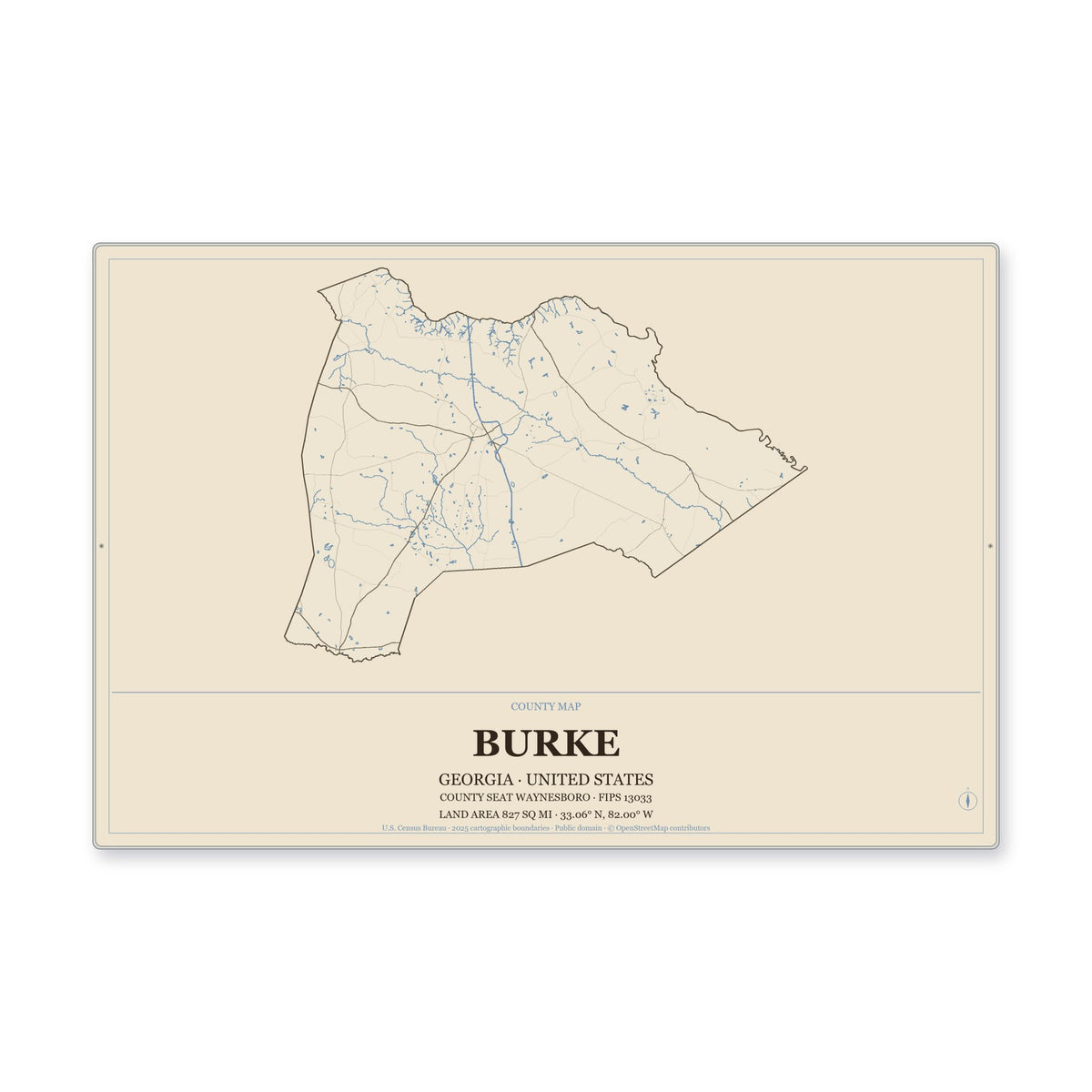 Burke County, Georgia Map Aluminum Sign in Heritage Nautical style