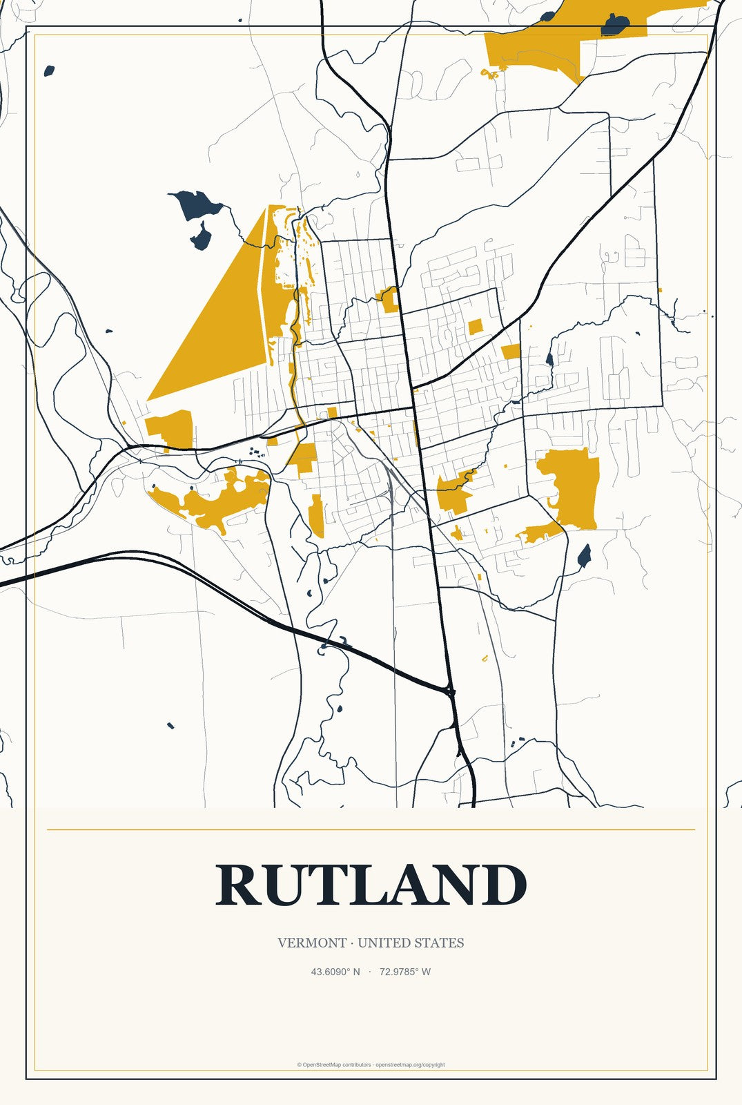 Rutland, Vermont City Map Aluminum Sign in Citrine Modern style
