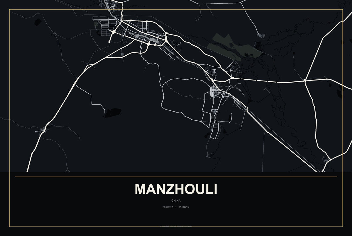 Manzhouli, China City Map Aluminum Sign in Metropolitan Noir style