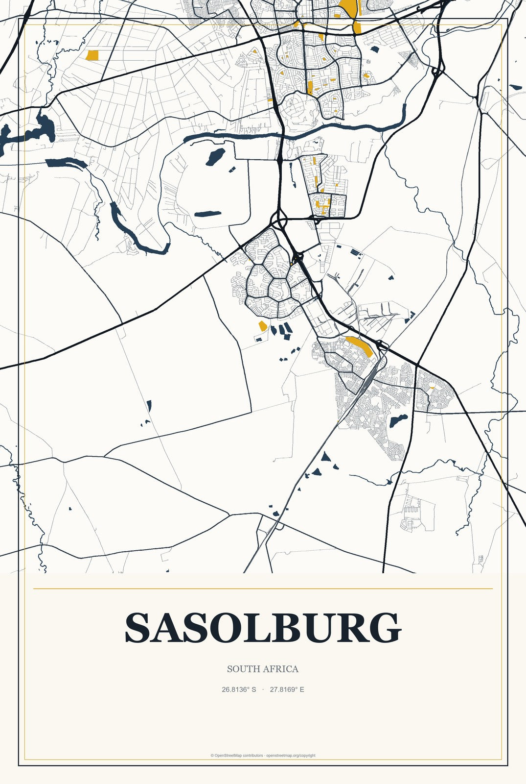 Sasolburg, South Africa City Map Aluminum Sign in Citrine Modern style