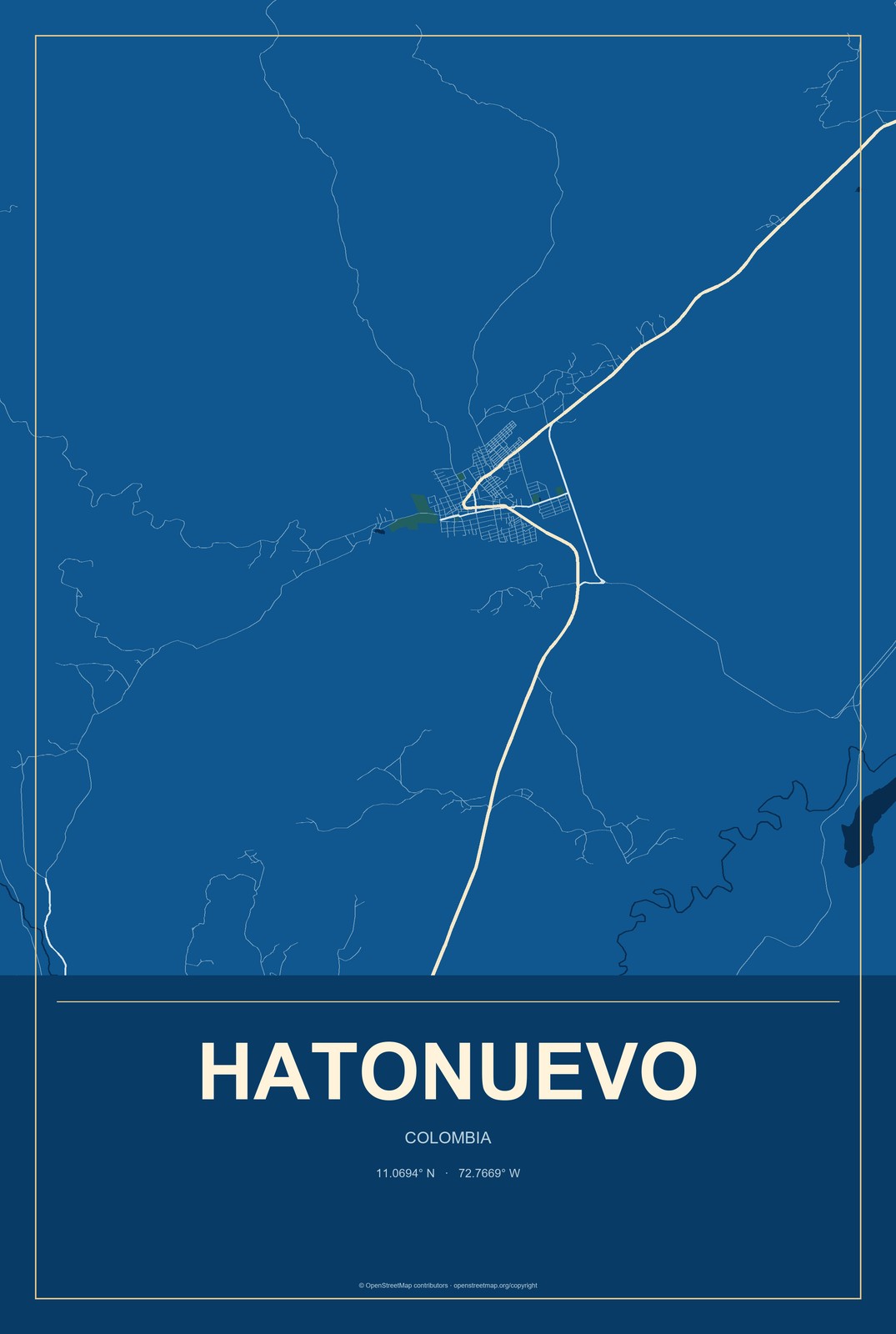 Hatonuevo, Colombia City Map Aluminum Sign in Harbor Cobalt style
