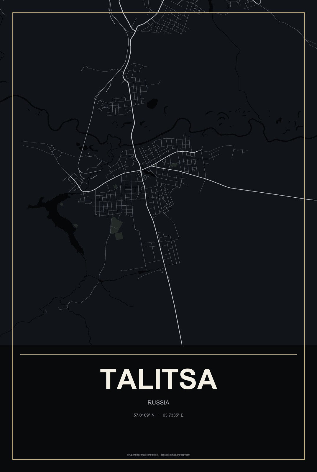 Talitsa, Russia City Map Aluminum Sign in Metropolitan Noir style