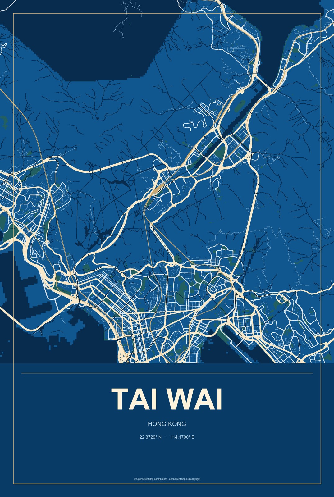 Tai Wai, Hong Kong City Map Aluminum Sign in Harbor Cobalt style