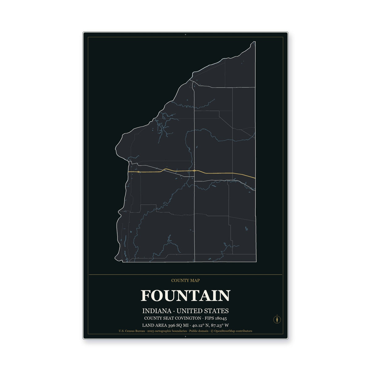 Fountain County, Indiana Map Aluminum Sign in Metropolitan Noir style