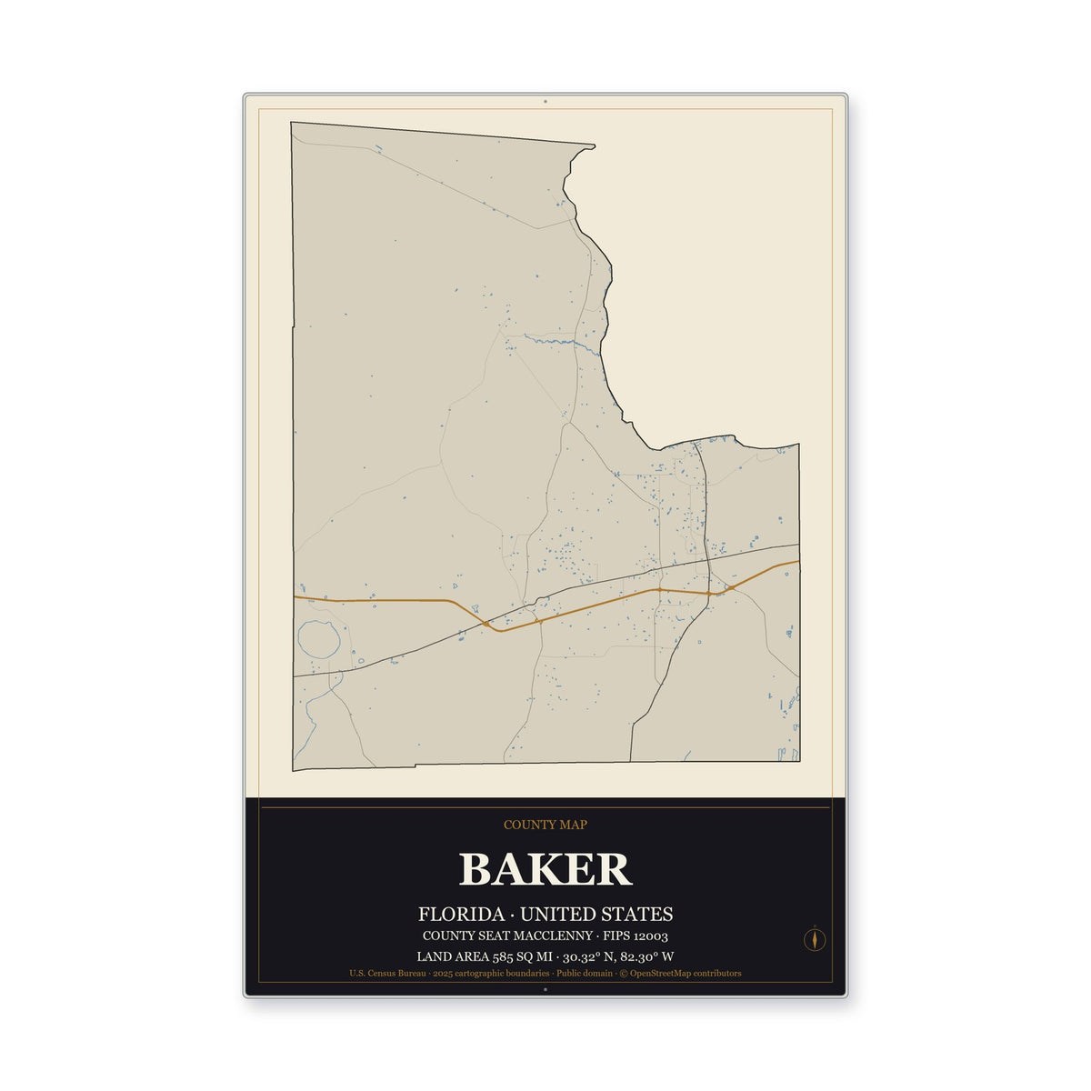 Baker County, Florida Map Aluminum Sign in Museum Plaque style