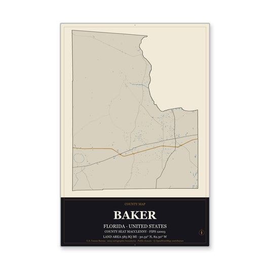 Baker County, Florida Map Aluminum Sign in Museum Plaque style