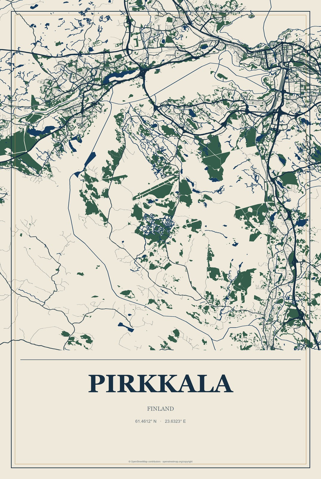 Pirkkala, Finland City Map Aluminum Sign in Coastal Cutout style