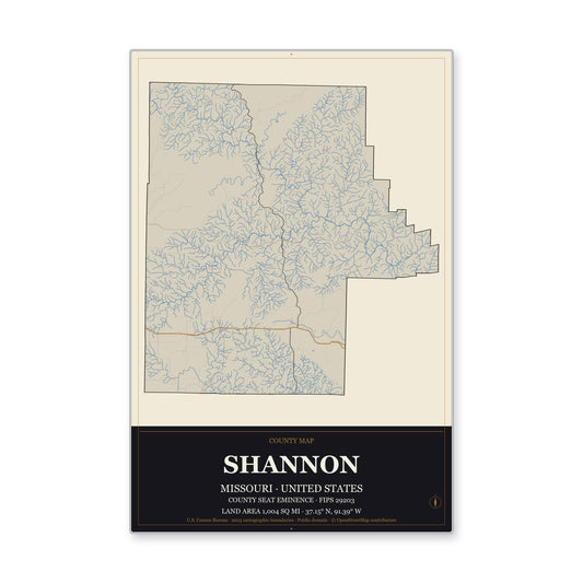 Shannon County, Missouri Map Aluminum Sign in Museum Plaque style