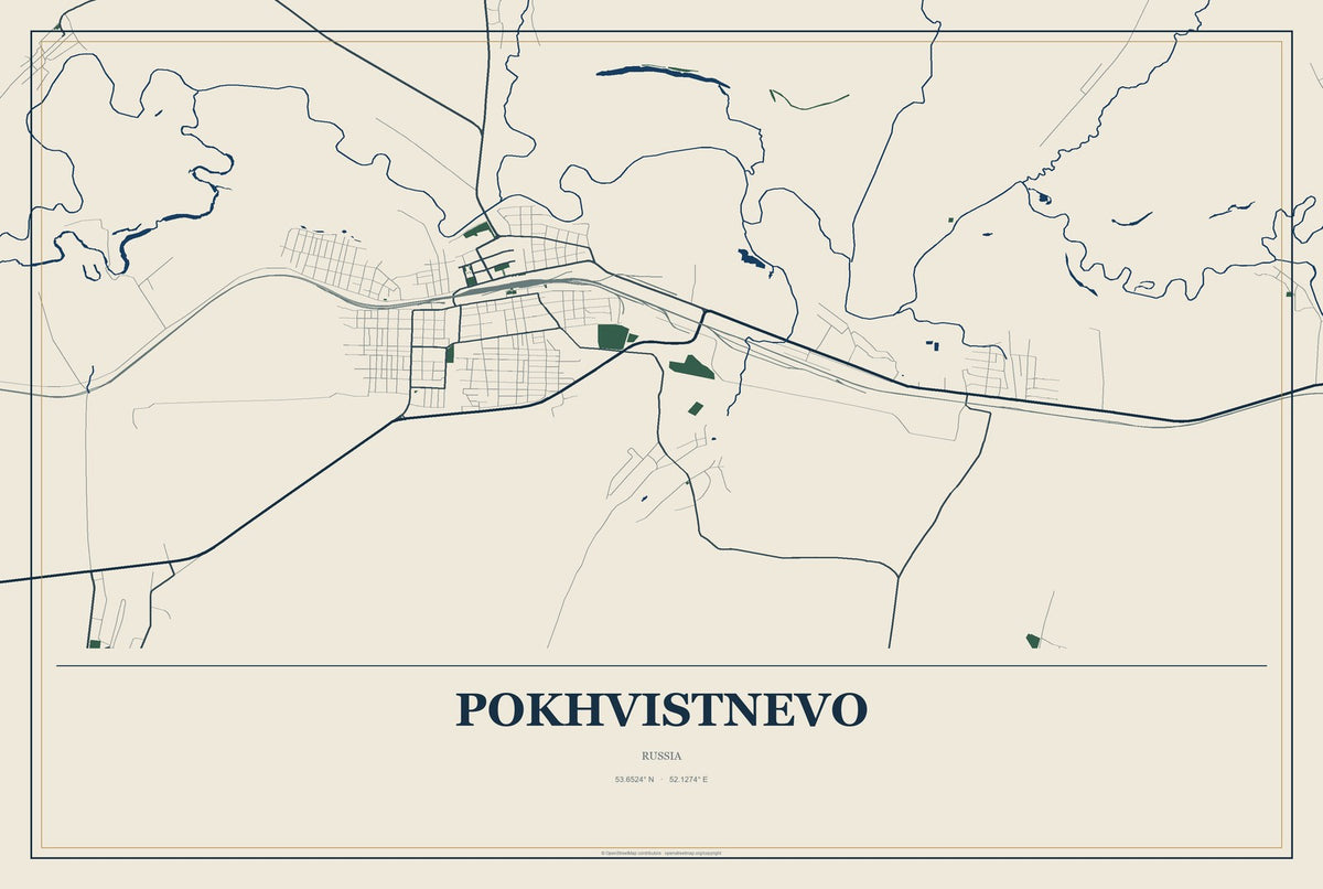 Pokhvistnevo, Russia City Map Aluminum Sign in Coastal Cutout style