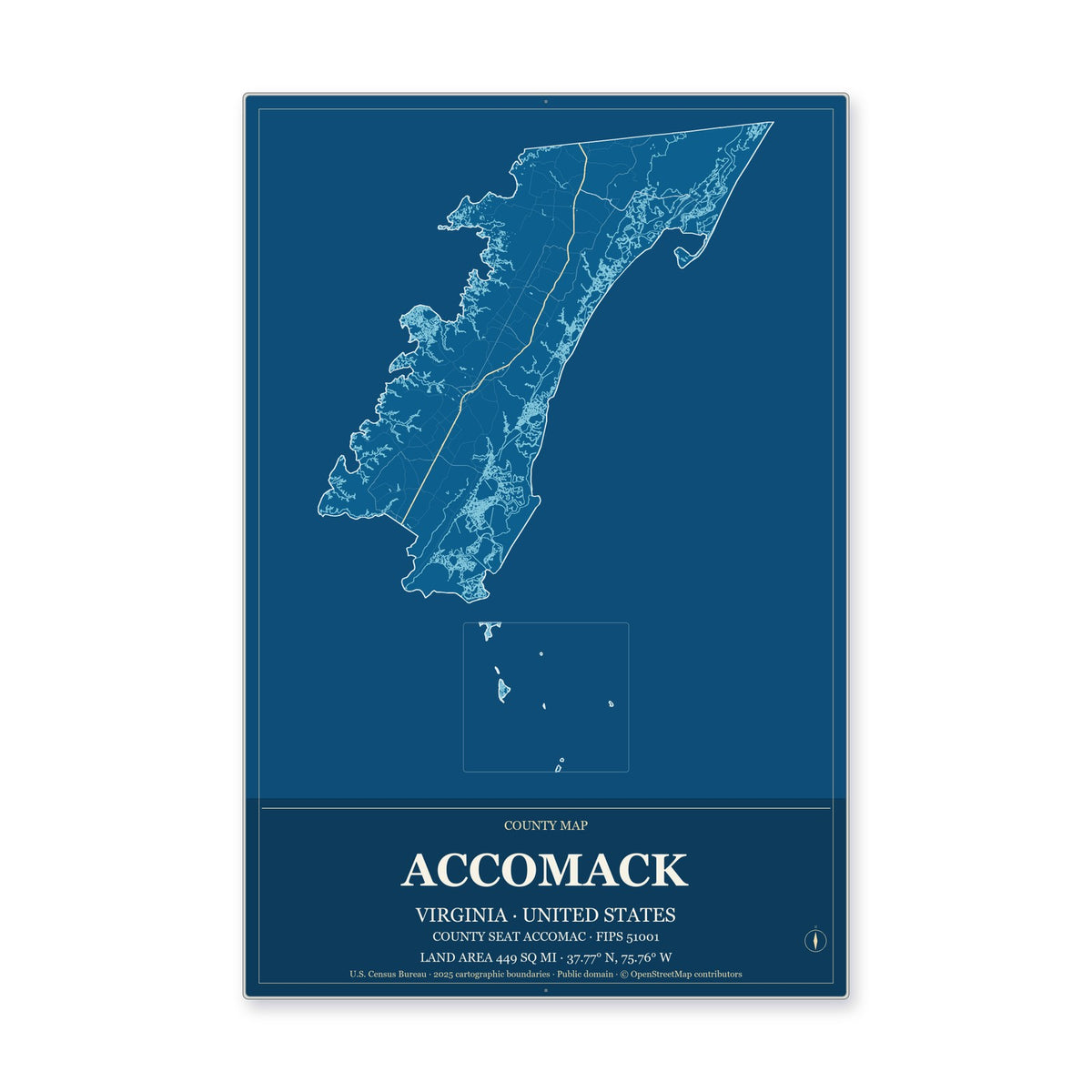 Accomack County, Virginia Map Aluminum Sign in Harbor Cobalt style