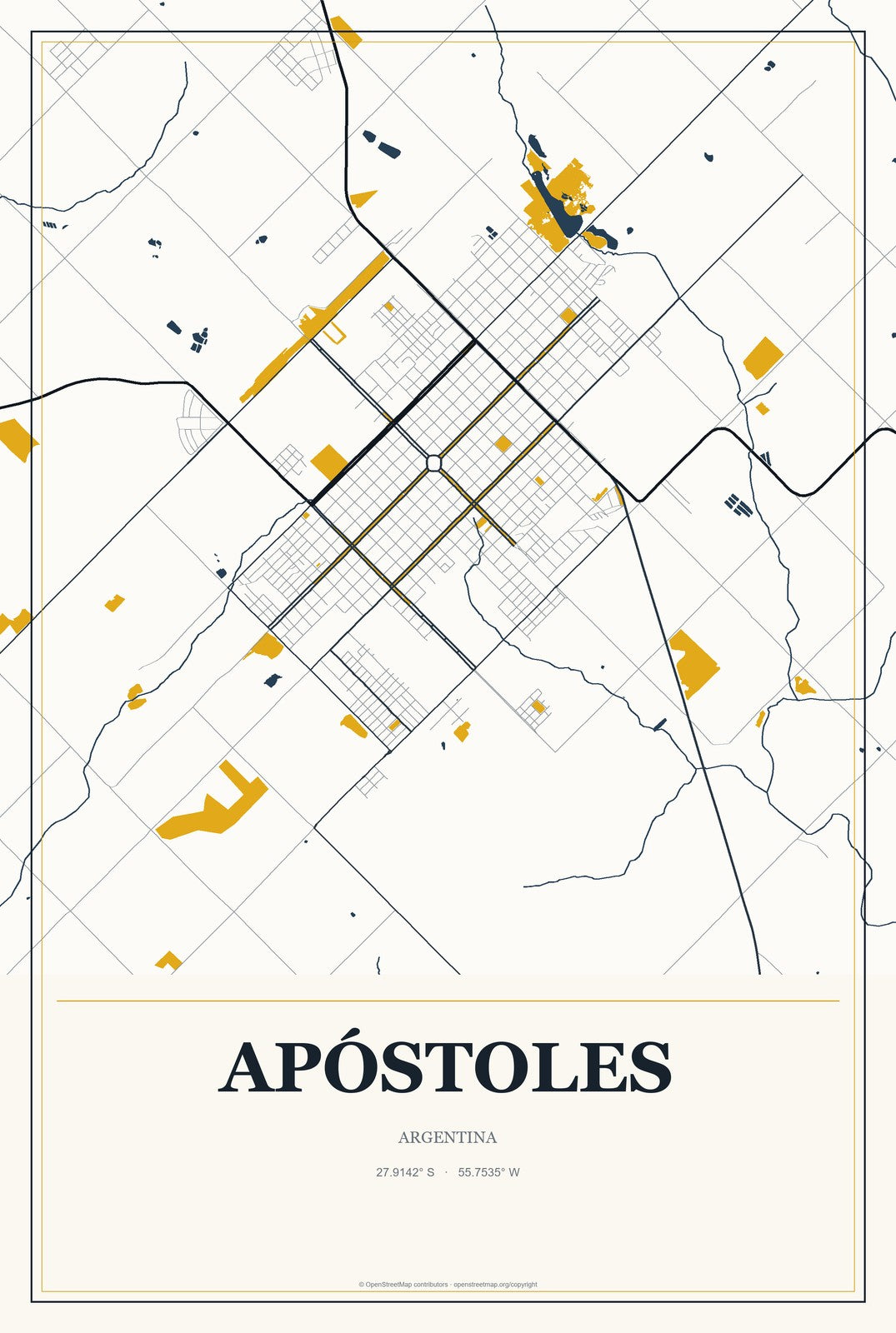 Apóstoles, Argentina City Map Aluminum Sign in Citrine Modern style