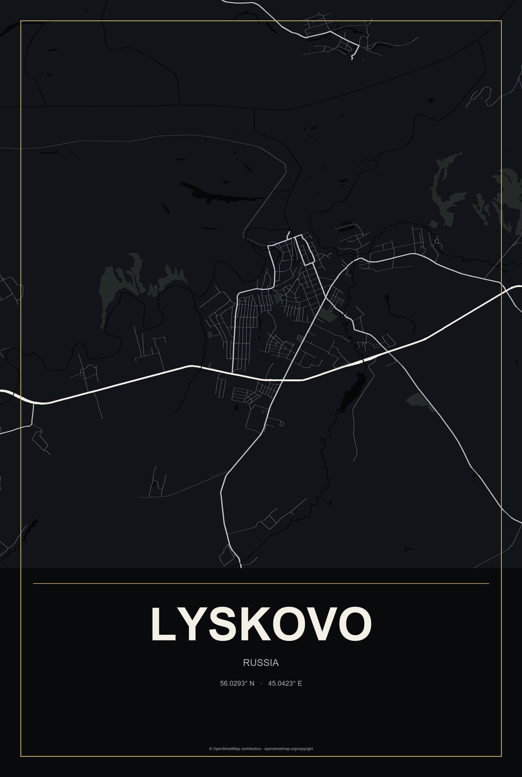 Lyskovo, Russia City Map Aluminum Sign in Metropolitan Noir style
