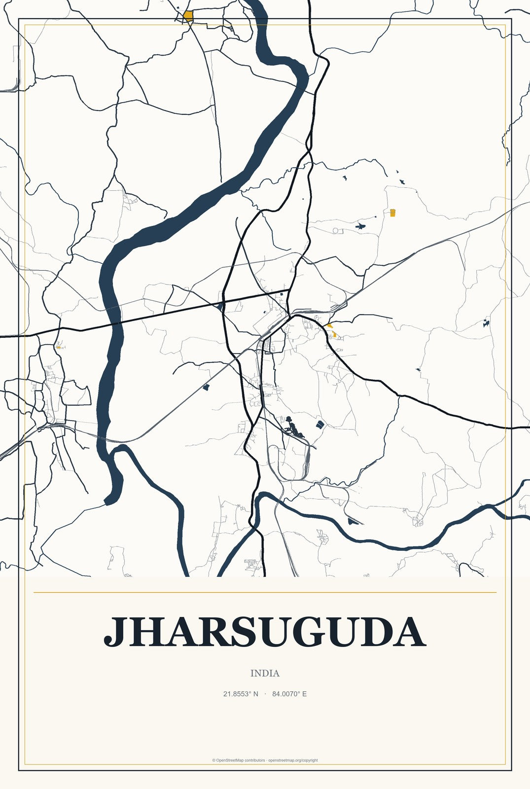 Jharsuguda, India City Map Aluminum Sign in Citrine Modern style