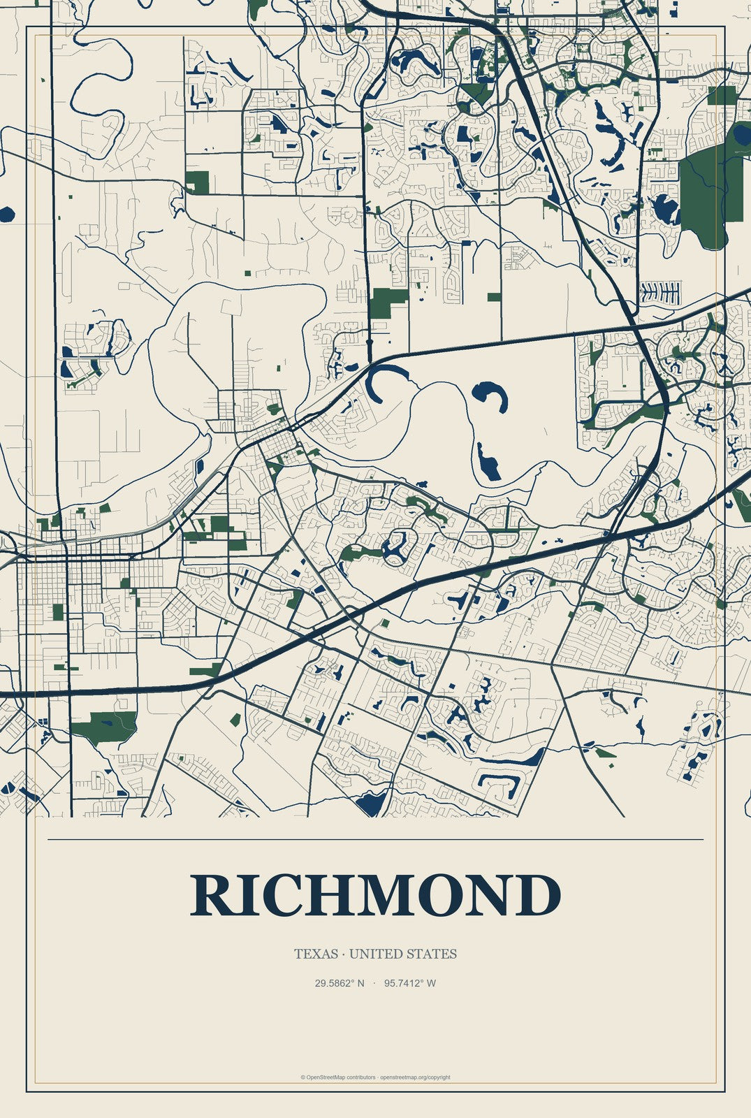 Richmond, Texas City Map Aluminum Sign in Coastal Cutout style