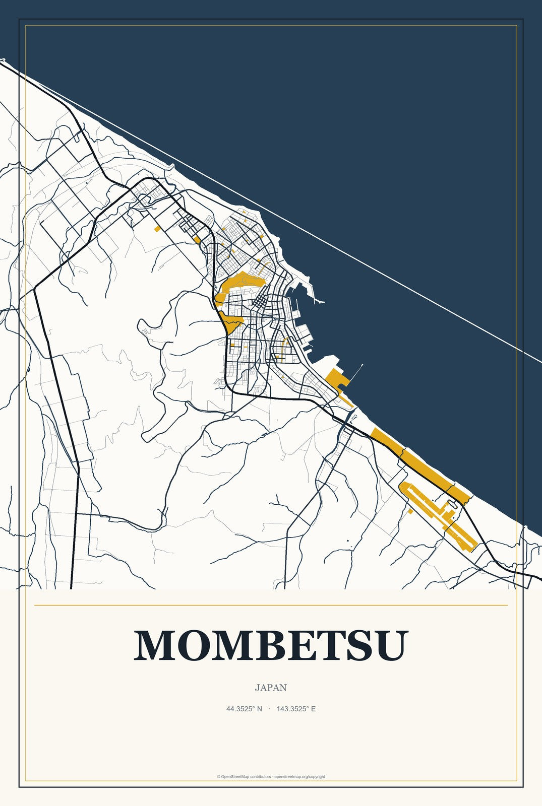 Mombetsu, Japan City Map Aluminum Sign in Citrine Modern style