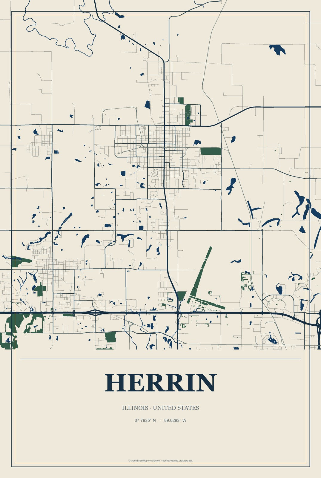 Herrin, Illinois City Map Aluminum Sign in Coastal Cutout style