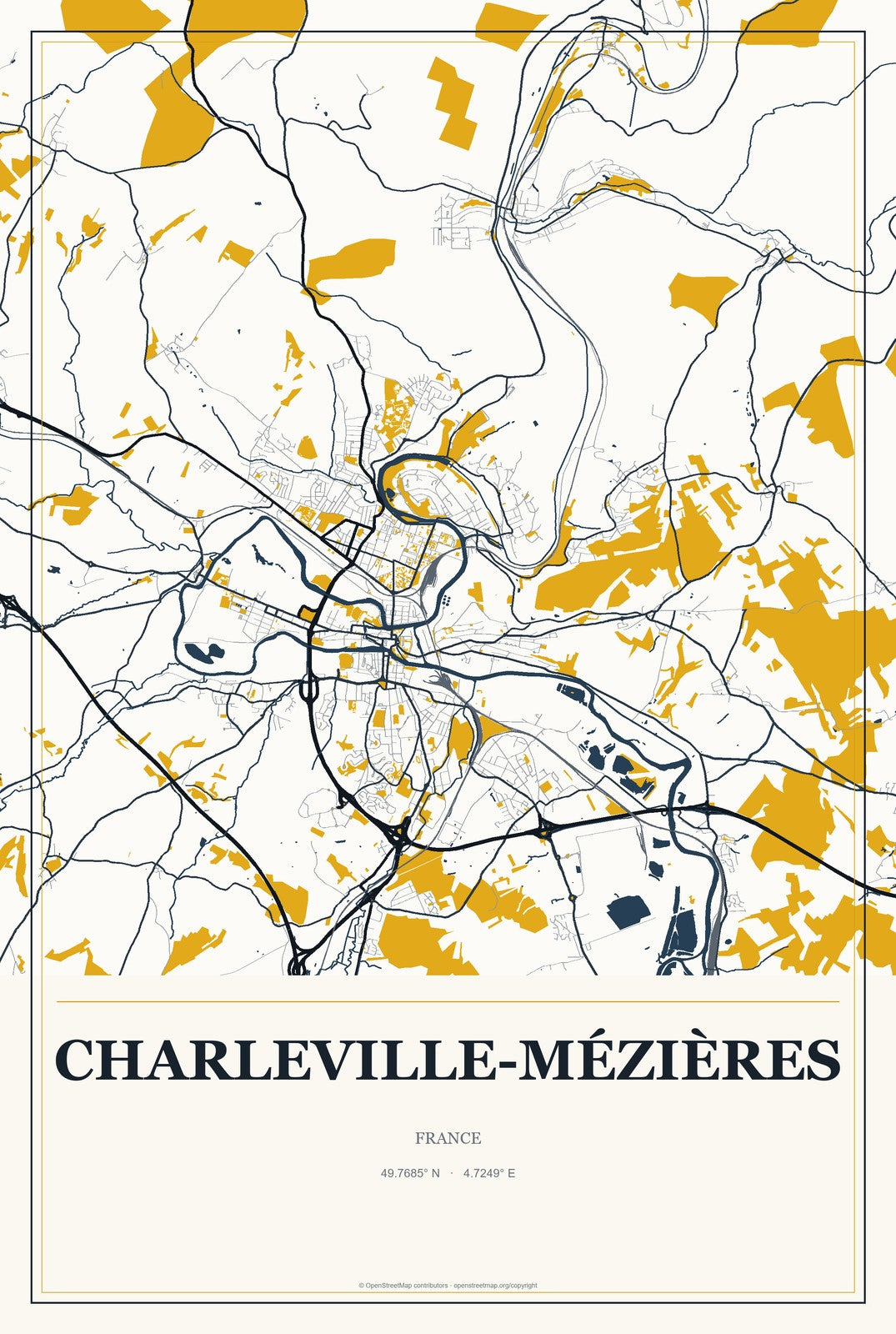 Charleville-Mézières, France City Map Aluminum Sign in Citrine Modern style