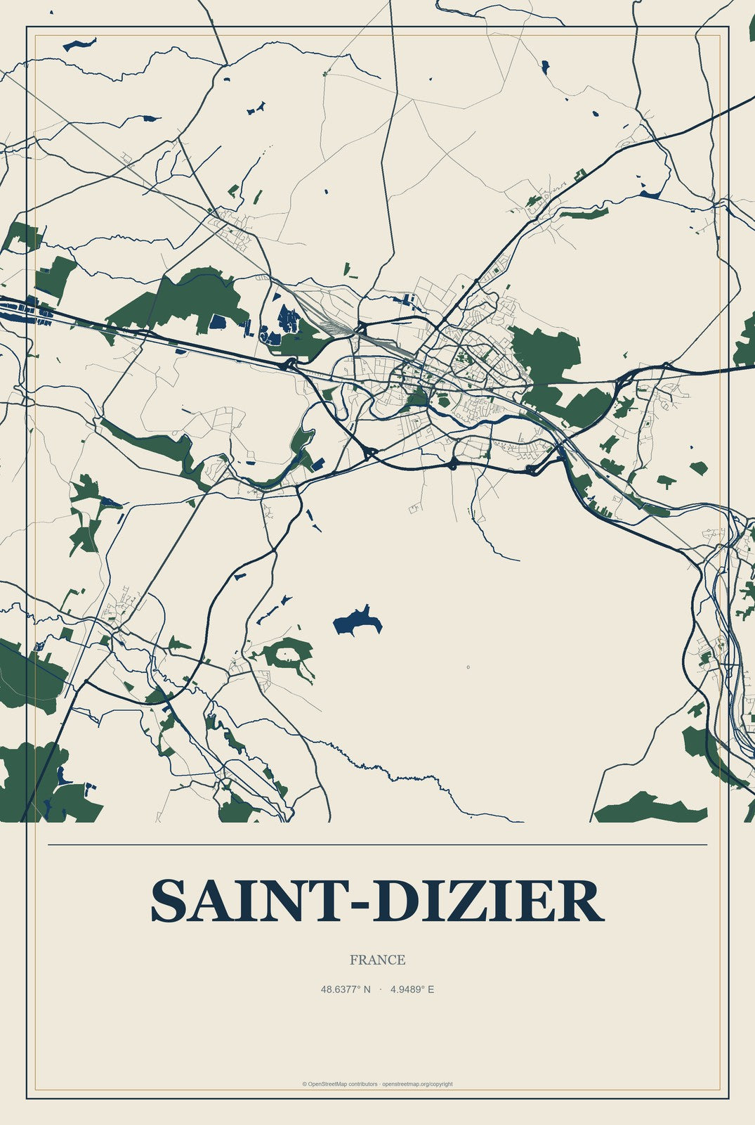 Saint-Dizier, France City Map Aluminum Sign in Coastal Cutout style
