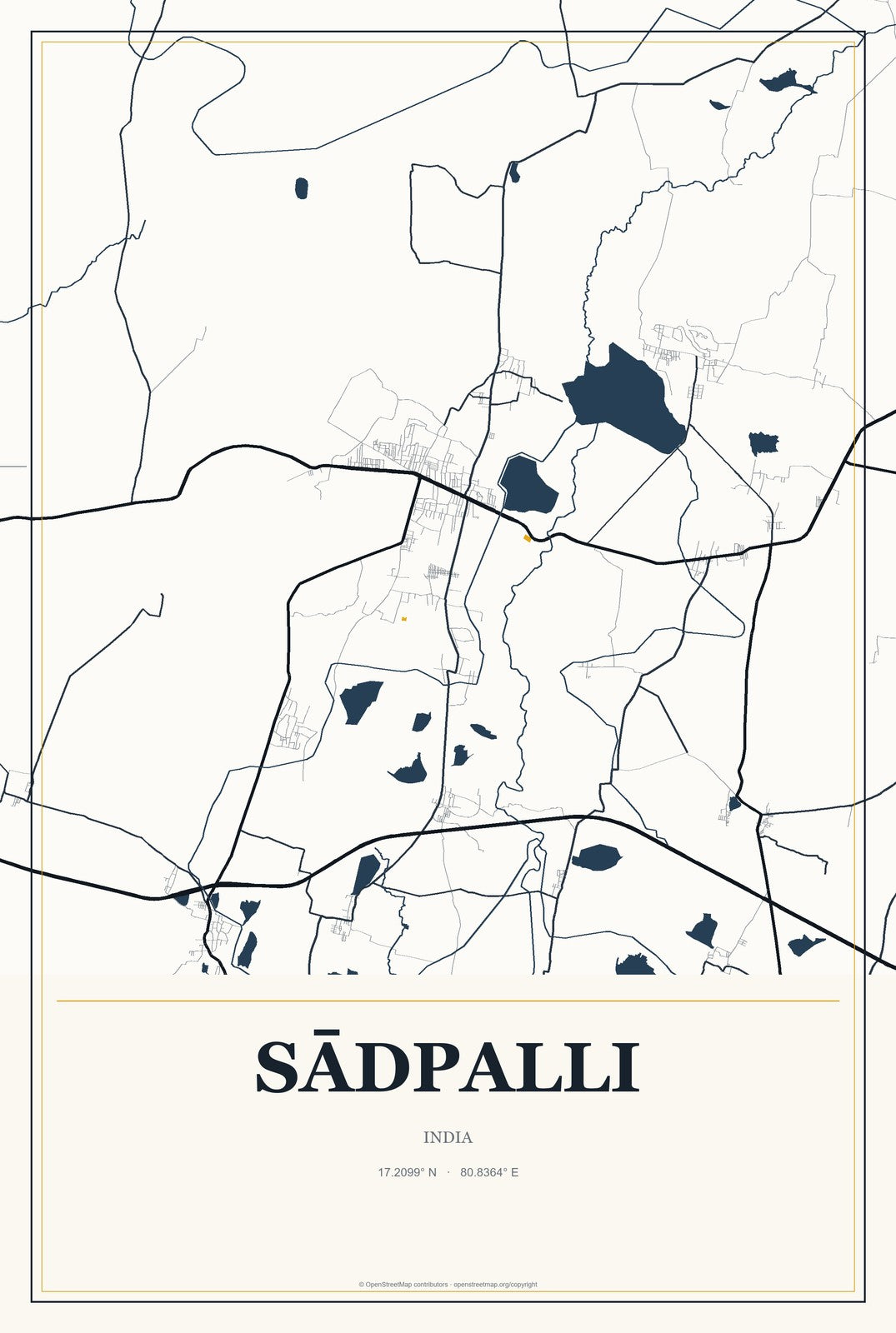 Sādpalli, India City Map Aluminum Sign in Citrine Modern style