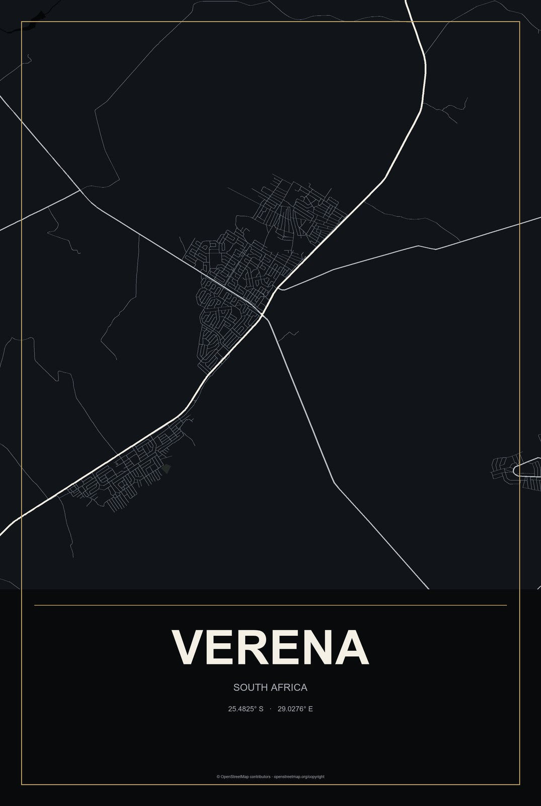 Verena, South Africa City Map Aluminum Sign in Metropolitan Noir style