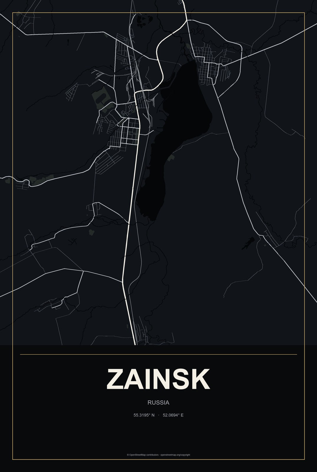 Zainsk, Russia City Map Aluminum Sign in Metropolitan Noir style