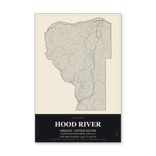 Hood River County, Oregon Map Aluminum Sign in Museum Plaque style