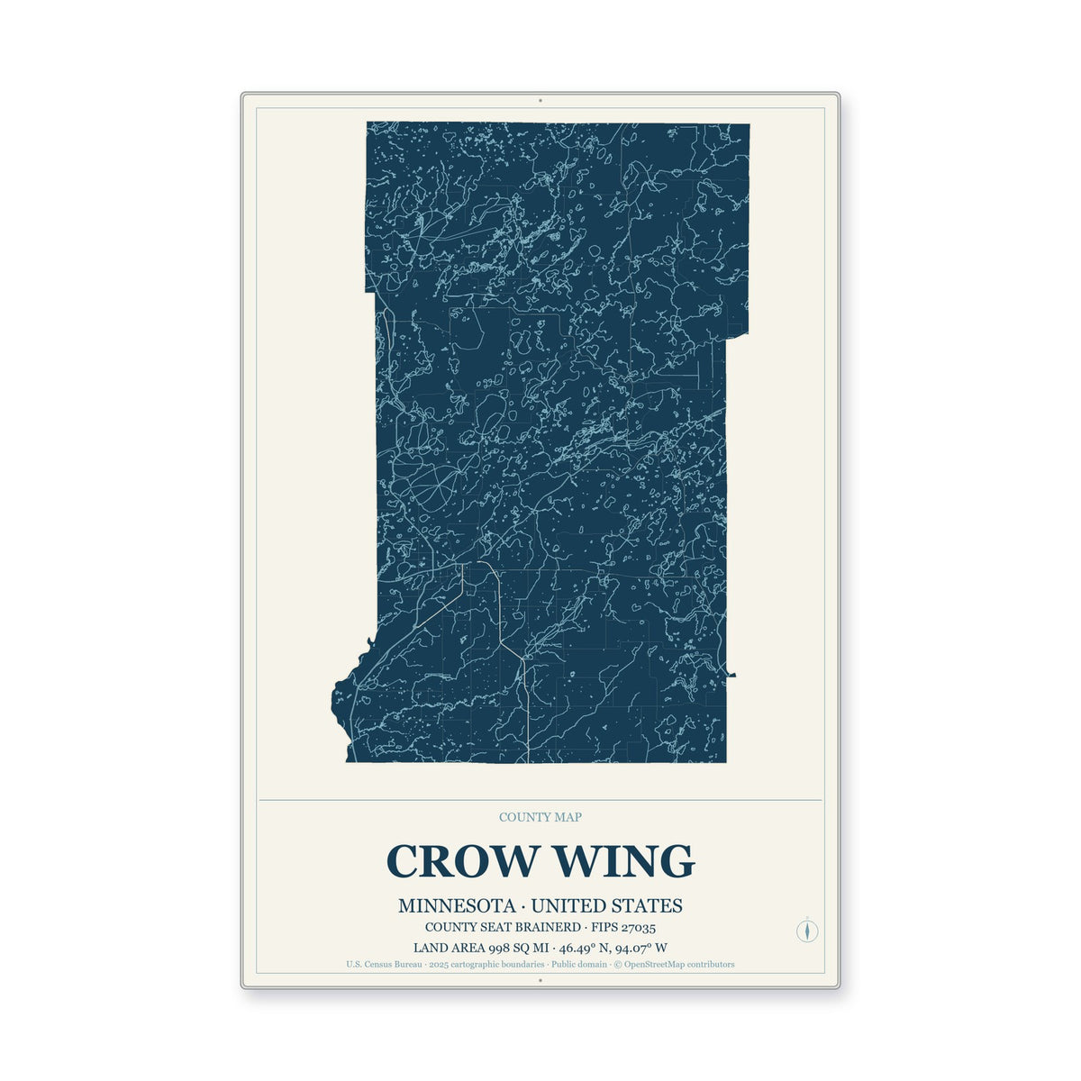 Crow Wing County, Minnesota Map Aluminum Sign in Coastal Cutout style